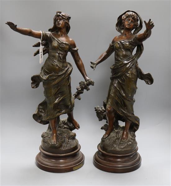 A pair of 19th century French bronzed spelter figures tallest 52cm
